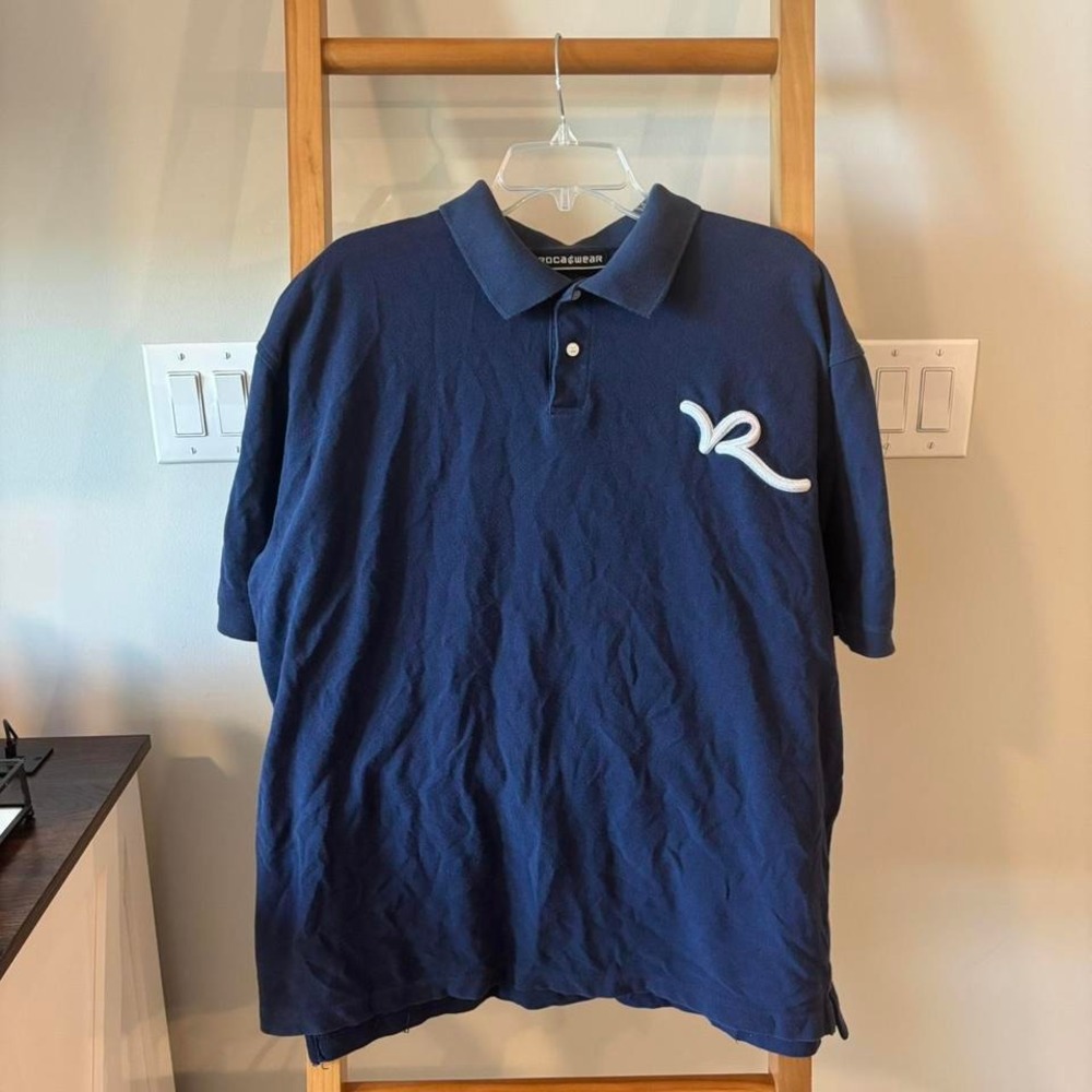 Rocawear Mens Navy Blue Short Sleeve Embroidered Logo Polo Shirt Size Large Men